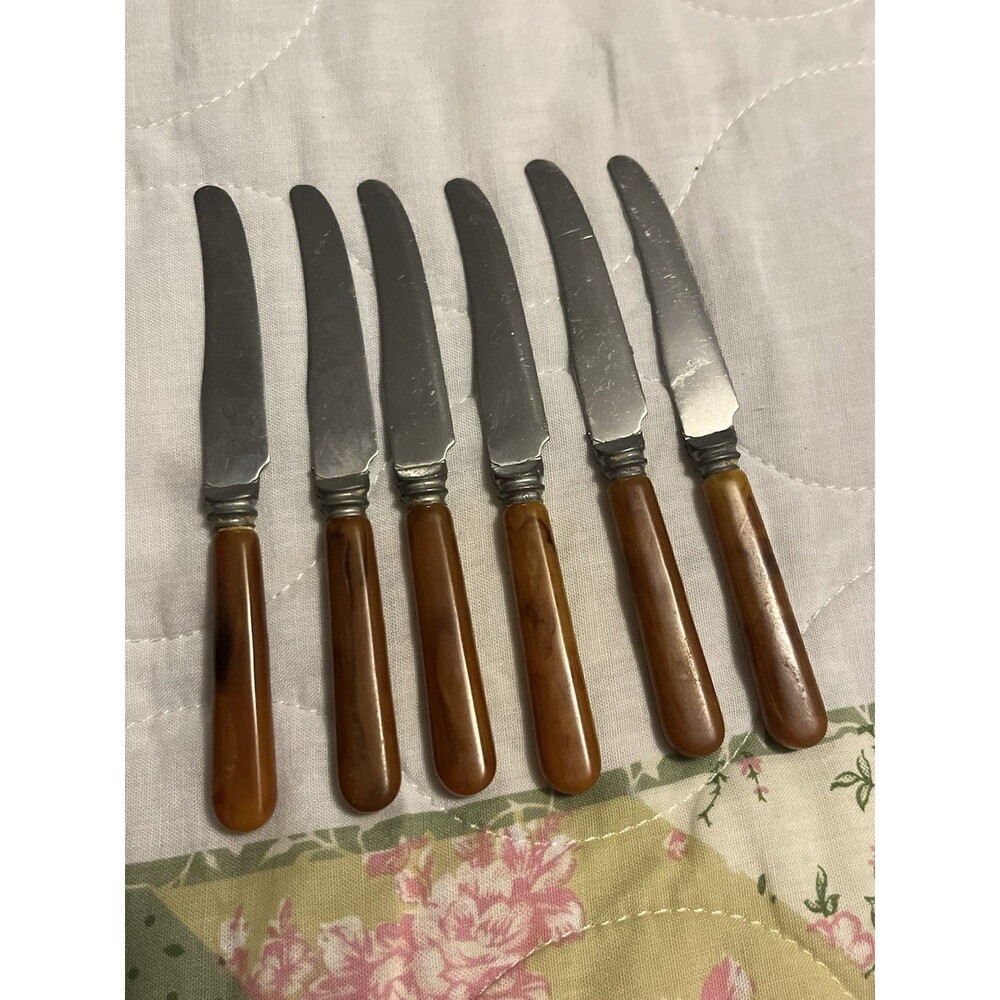 Vtg Art Deco Marbled Bakelite Handle Butterscotch Stainless Butter Knives 4 1/2”